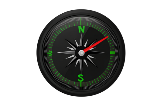 A black compass with green numbers and a red needle pointing to the right, vector illustration on a transparent background