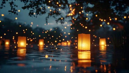 Floating lanterns on a tranquil water's edge at night, illuminated by soft light.  Peaceful, glowing ambiance