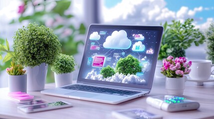 Modern Laptop Displaying Cloud Computing Concepts with Plants