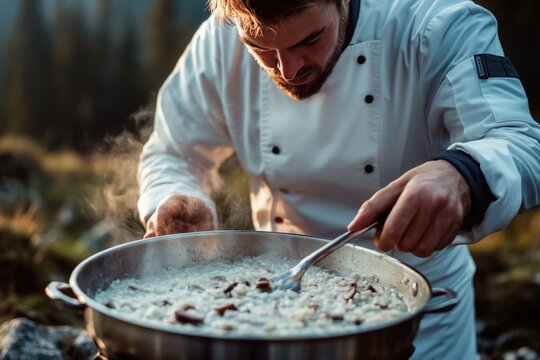 A chef prepares a steaming risotto outdoors, showcasing culinary skills and a picturesque setting.