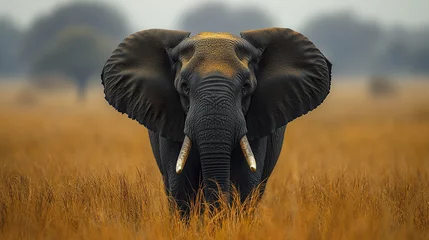 Majestic elephant stands in golden African plains, exuding strength © Thanthara