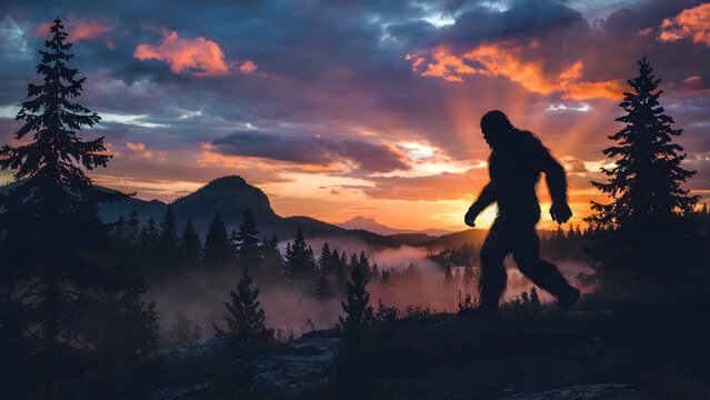 Bigfoot at Sunset: A mysterious silhouette of Bigfoot walks through a misty forest at sunset, creating an enigmatic and awe-inspiring scene. 