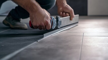 Tile installer cutting tile with tile cutter. Indoor bathroom renovation site