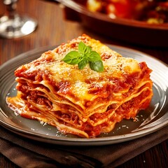 Delicious homemade lasagna with fresh basil garnish