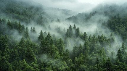 Lush green forest in mountains shrouded in fog creates serene atmosphere