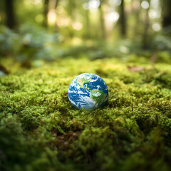 A small-scale globe nestled gently upon a soft bed of moss symbolizing humanity's responsibility to nurture and safeguard Earth's fragile ecosystems.
