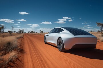 Fototapeta premium Silver electric vehicle driving on a dirt road across the Australian outback, featuring solar panels on its roof