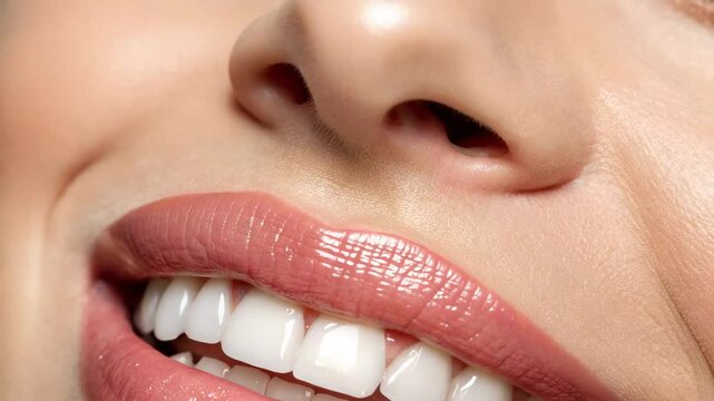 Teeth whitening smile makeover concept. A close-up of a woman's lips showcasing a bright smile with glossy, pinkish hues and pristine white teeth.