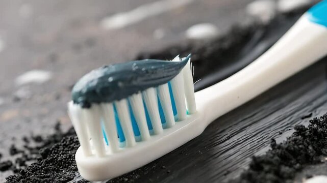 Teeth whitening smile makeover concept. A close-up of a toothbrush with dark toothpaste resting on a textured, dark surface.