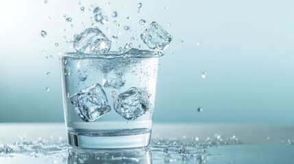 Sparkling Water Splash with Ice Cubes in Clear Glass on Blue Background
