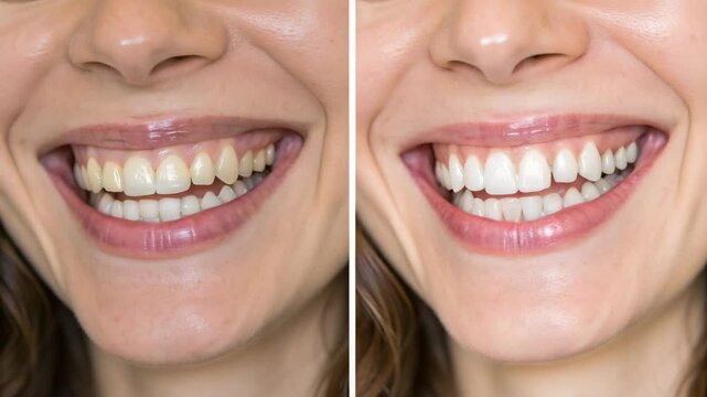 Teeth whitening smile makeover concept. A close-up of a smiling woman showcasing before and after results of teeth whitening, highlighting the transformation of her smile.
