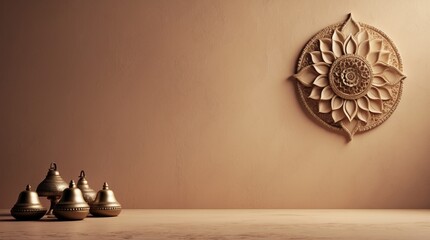 Rustic clay wall accented with brass bells, evoking spiritual or festive Indian vibes.