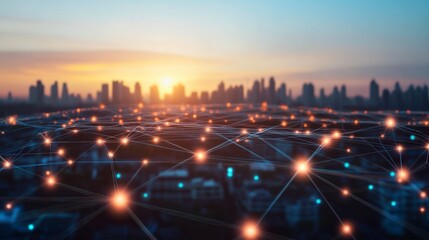 Urban Skyline with Network Connections at Sunset Over Cityscape