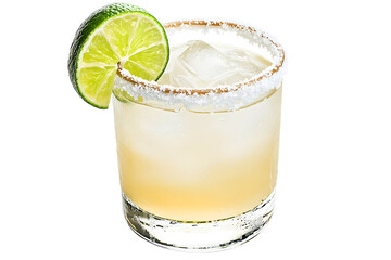 A refreshing margarita with a salted rim and lime garnish served in a short glass filled with ice
