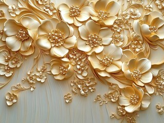 Golden floral 3D embossed design,Luxury textured flower background,Elegant golden flowers pattern.