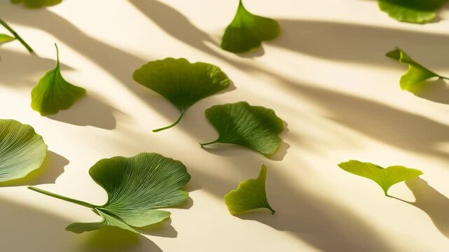 A close up of leaves with a white background. The leaves are green and scattered across the image