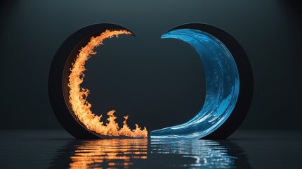 Opposing forces of fire and water meet in a crescent formation, offering dramatic contrast.
