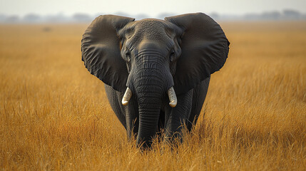 Naklejka premium Majestic elephant standing in golden savanna, exuding strength