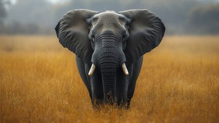 Naklejka premium Majestic African elephant standing in golden grassland, calm and powerful