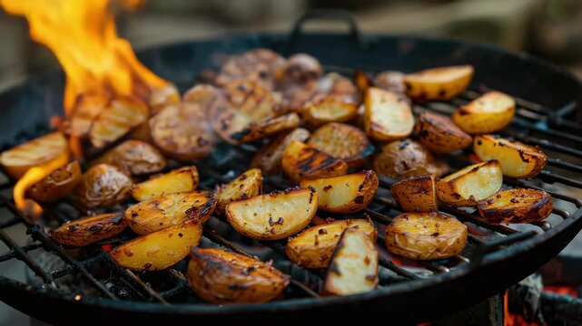 fried potatoes on the barbecue against the background of nature. Selective focus