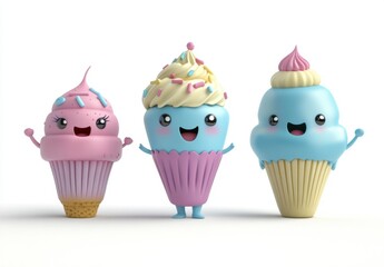 Adorable Cartoon Cupcakes with Smiling Faces in Pastel Colors