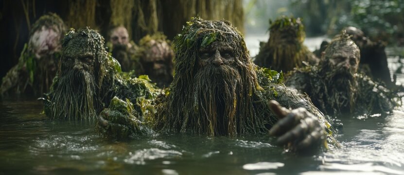Mysterious swamp creatures emerging from water in lush environment