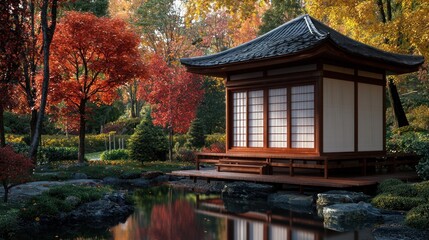 Fototapeta premium Autumnal Japanese garden gazebo reflecting in pond