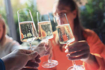 Friends with glasses of wine clink glasses holiday, a group of people abstract blurred background