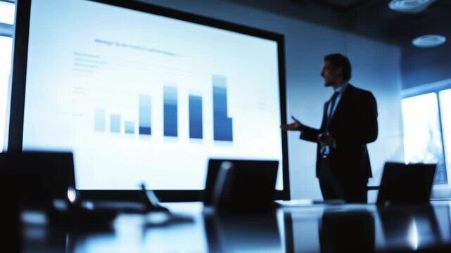 Professional businessman presents financial data with a bar graph in a conference room
