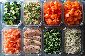 Overhead View of Prepared Meal Components in Plastic Containers