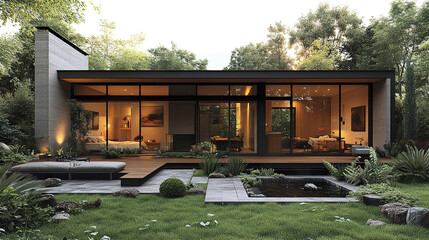 Modern house with large windows and garden pond, surrounded by lush greenery