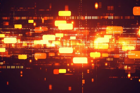 Abstract digital data stream.  Dynamic flow of glowing orange and yellow rectangular shapes against a dark background.  Intricate patterns suggest a complex, fast-moving system
