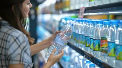 close-up of a hand taking water on a store shelf. Selective focus - Powered by Adobe
