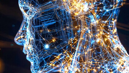 Neural network visualization forming glowing blue and orange interconnected lines representing human brain structure, symbolizing artificial intelligence within complex technological framework