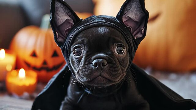 Funny little dog in a black Halloween costume sits on the background of pumpkins for Halloween. Halloween atmosphere