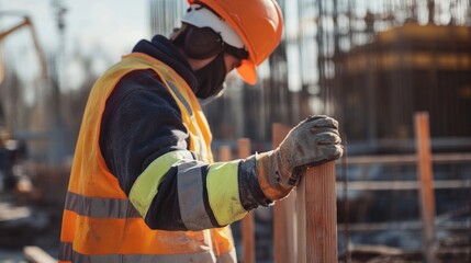 A construction worker securing a fence at a building site. Featuring safety and attention to detail