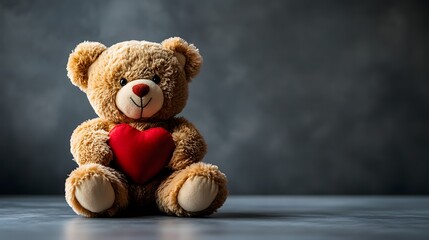 Obraz premium Adorable Teddy Bear Holding a Red Heart on Neutral Background