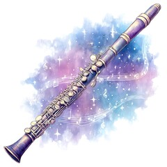 Clarinet on Watercolor Galaxy Background Musical Instrument Illustration.