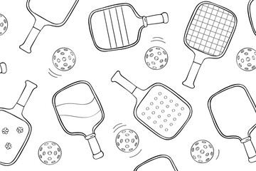 Hand drawn retro sketch of pickleball paddles and balls in minimal black outline on white background