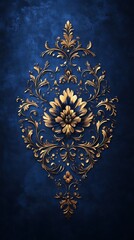 Fototapeta premium Golden Floral Phone Wallpaper Ornate Design on Deep Blue Background with Intricate Symmetry | HD Mobile Background