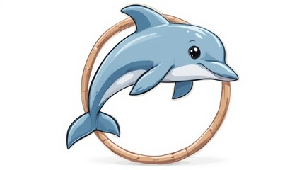 Fototapeta premium Playful Cartoon Sea Mammal Leaping Through Wooden Hoop