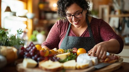 A young woman wearing a red polka dot apron and glasses. she is standing in a kitchen and is smiling as she prepares a platter of food.