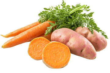 Fresh carrots with leafy tops and sweet potatoes, one sliced, revealing vibrant orange flesh