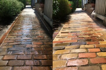 Pressurized water cleaning brick pathway before after wet surface professional housework equipment  
