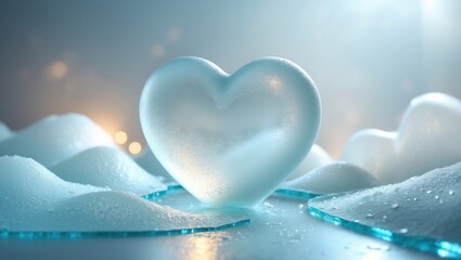Fototapeta premium A symbolic frozen heart resting on an icy surface, evoking emotion and stillness.