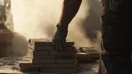 Fototapeta premium A construction worker stacking bricks at a building site. Featuring teamwork and strength