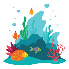 Underwater Coral Reef Fish Turtles Marine Life Illustration