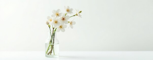 Delicate white spring blossoms in a clear glass vase against a stark white backdrop , shadow, vase, petals