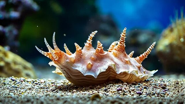 A beautifully detailed seashell with spiky features resting on sandy ocean floor, surrounded by marine life