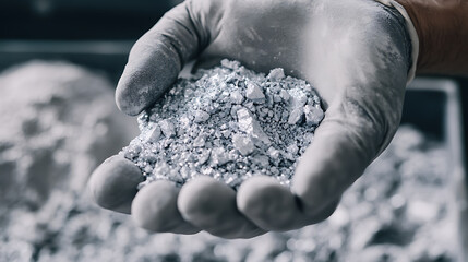 Technician conducting quality control tests on lithium ore samples. Featuring quality control